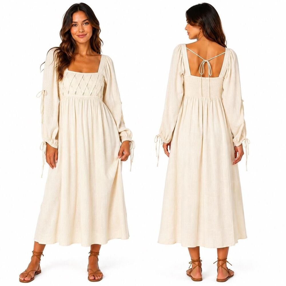 Free People Dress Womens XS White Smocked Square Neck Midi Boho Fit Flare